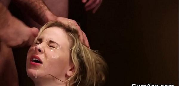  Frisky centerfold gets cum shot on her face swallowing all the cream